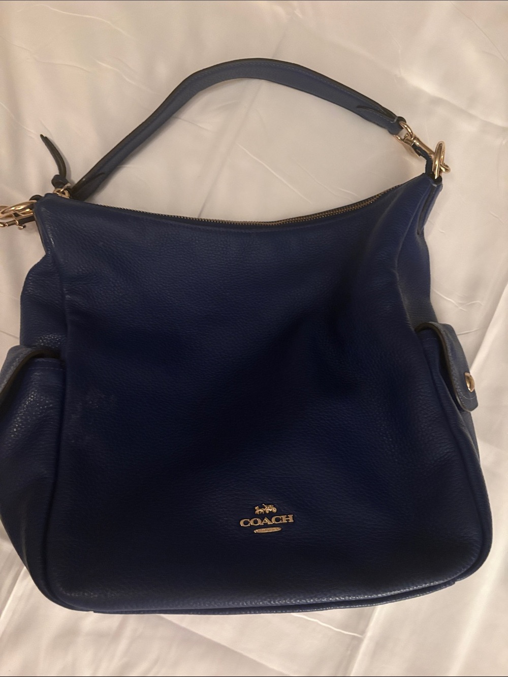 Coach Navy Blue Pebbled Leather Shoulder Bag with Gold Hardware